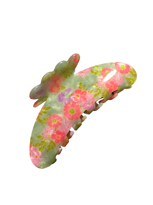 HAIR CLAW | Garden Green with Pink Flowers | Medium