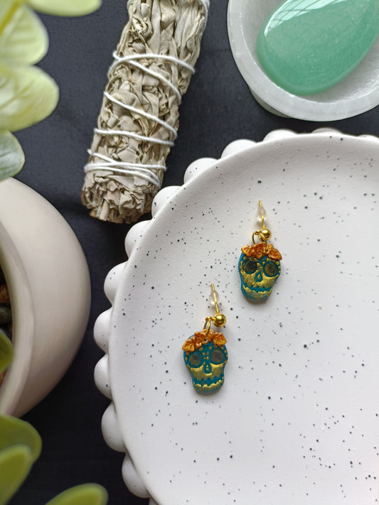 EARRINGS | Skull Floral | Teal & Gold