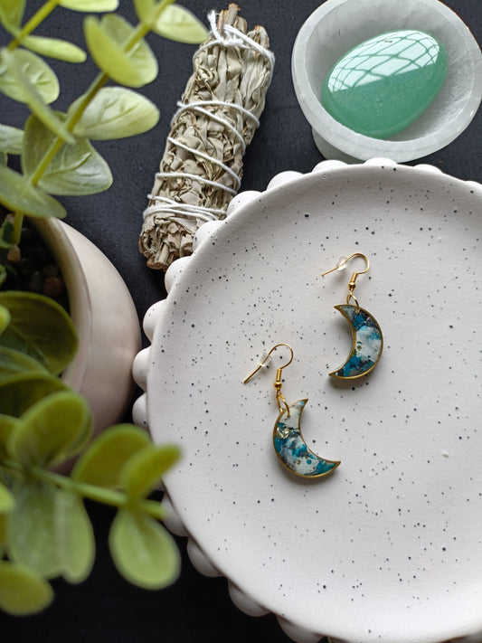 EARRINGS | Moon | Teal, White & Gold
