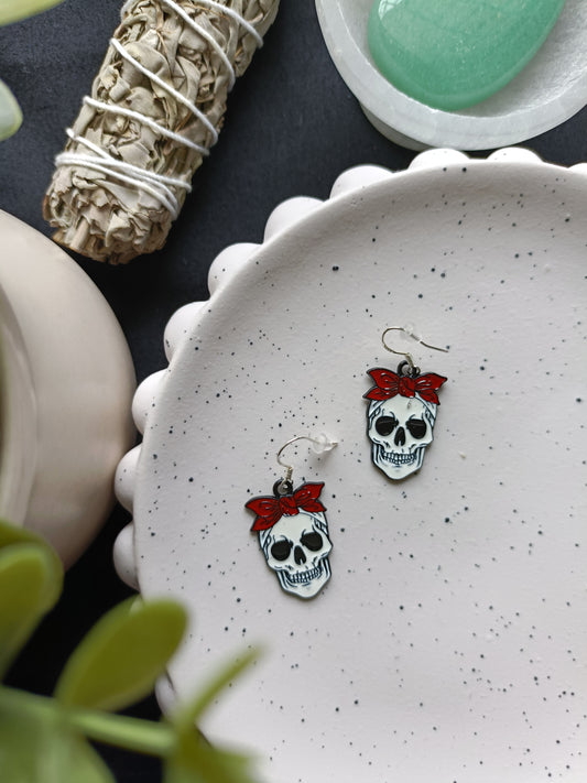 EARRINGS | Horror Skulls with Red Bows