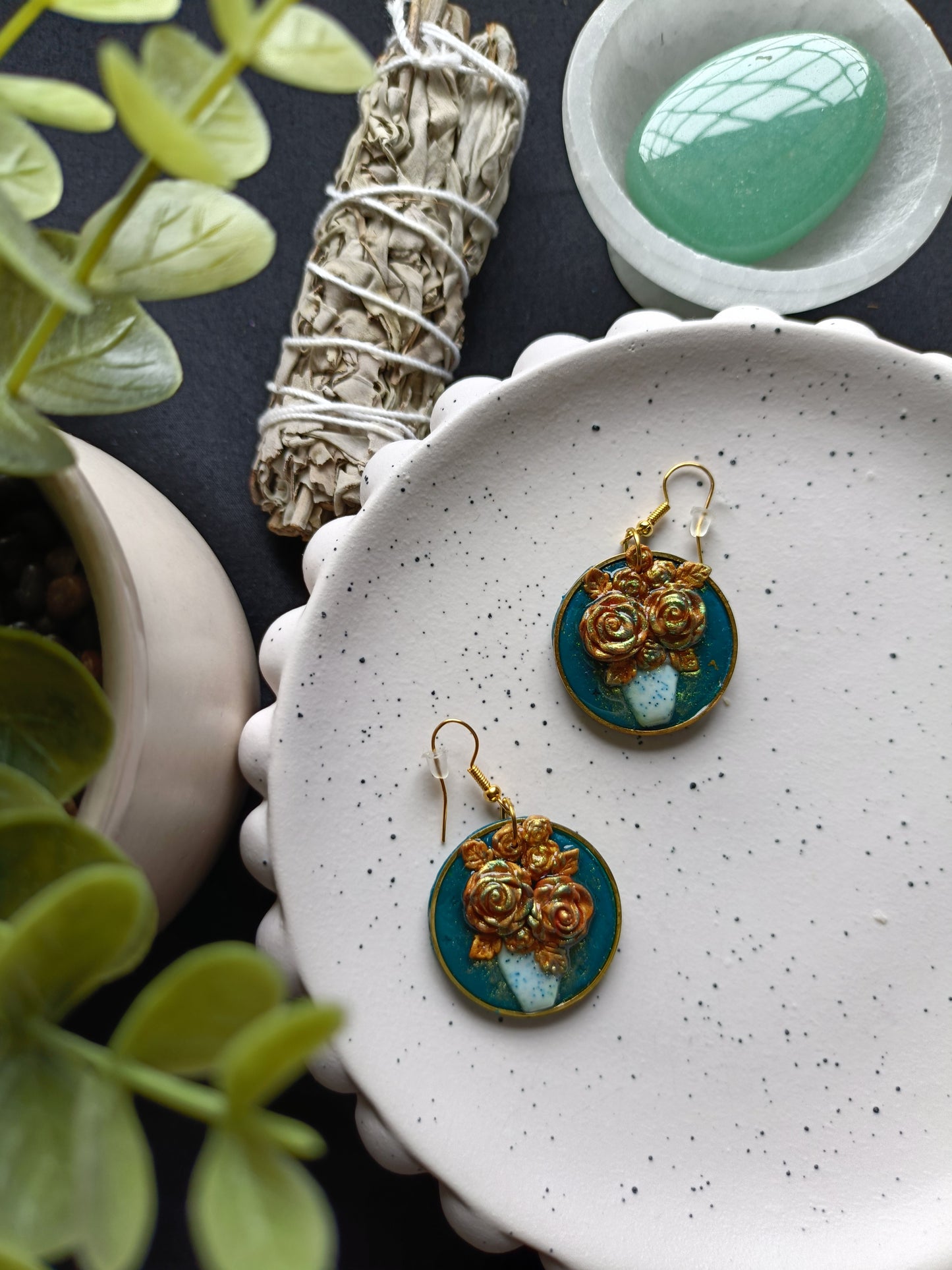 EARRINGS | Flower Vase | Teal & Gold