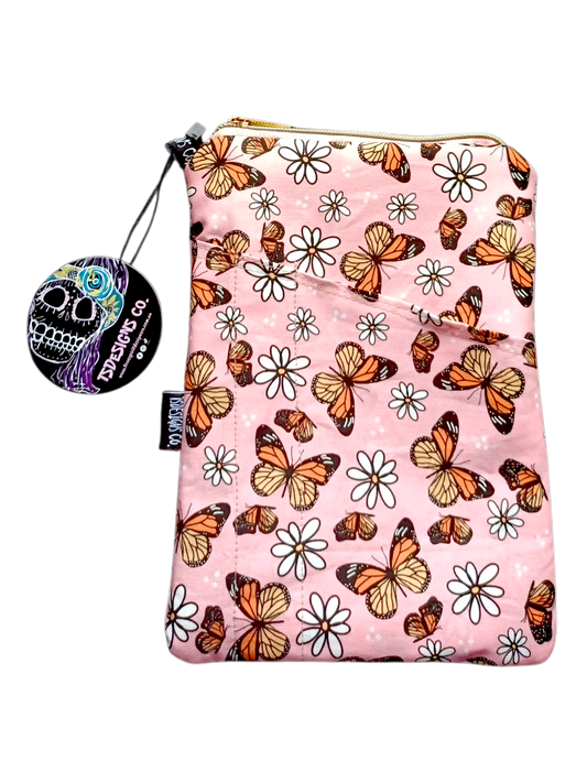 Book & Ebook Sleeve A5/A6 + 2-pen & Mobile Front Pockets | Monarch Butterflies Pink