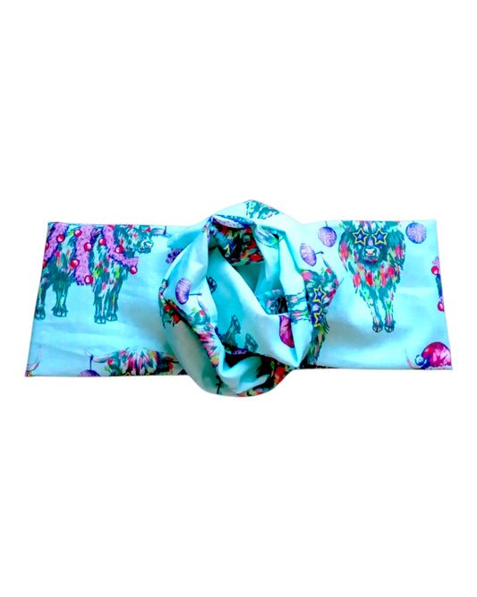 BETTY BOO BANDS™ WIRED HEADWRAP | Xmas Highland Cow | Light Blue
