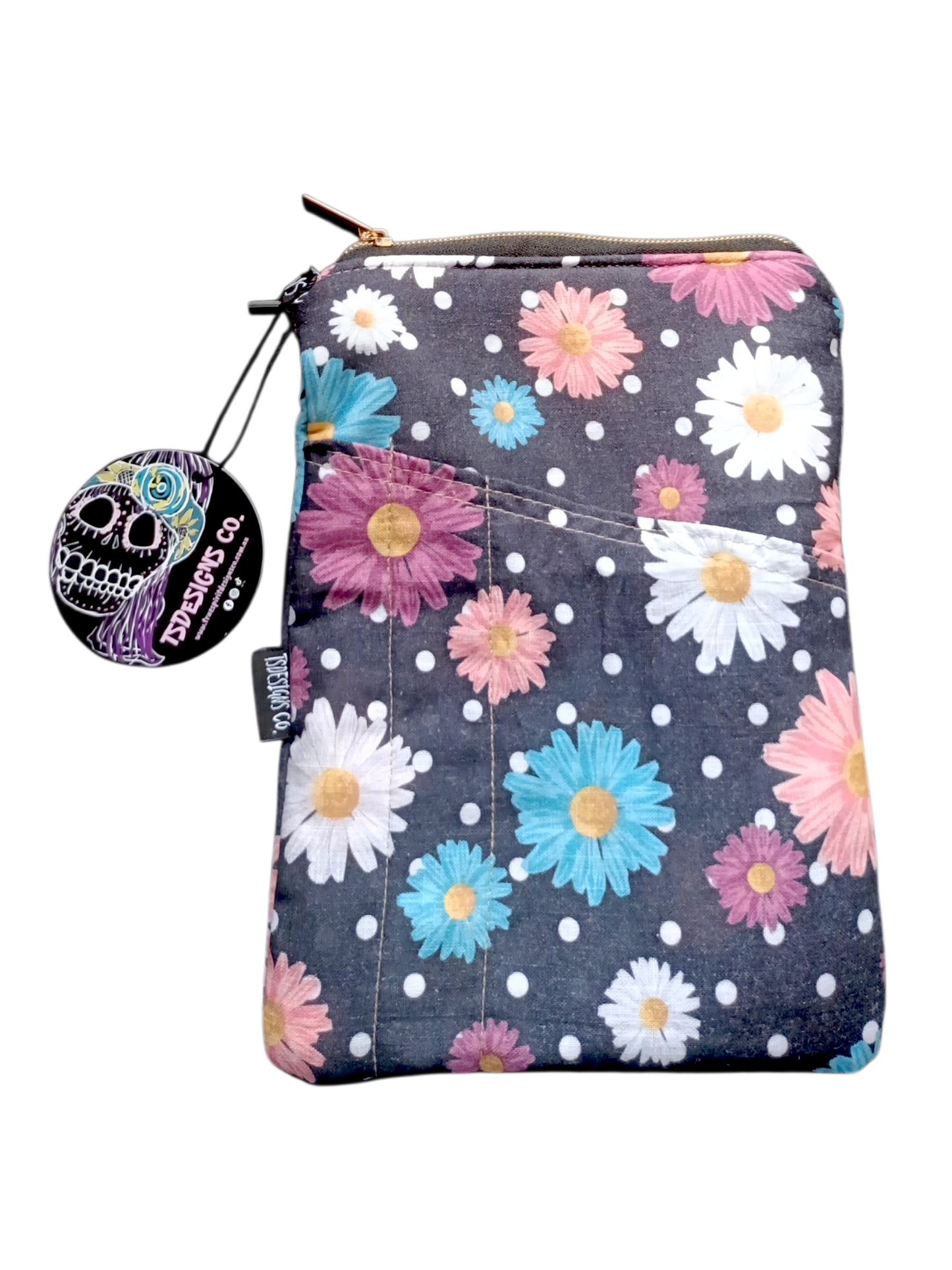 Book & Ebook Sleeve A5/A6 + 2-pen & Mobile Front Pockets | Daises & Polkadots
