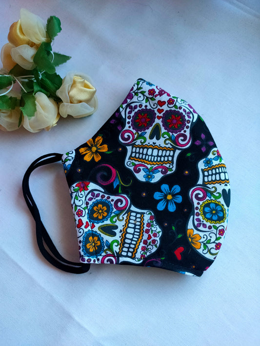 Re-usable Fabric Face Masks | Day of the Dead Black | 3-ply