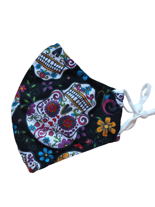 Re-usable Fabric Face Masks | Day of the Dead Black | 3-ply