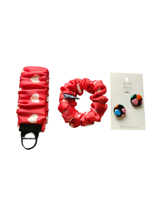 BUNDLE | VALENTINE'S PACK | XS Scrunchie + Scrunchie Key Wristlet + Stud Heart Earrings