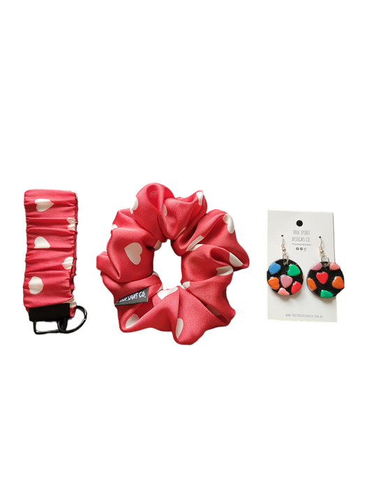 BUNDLE | VALENTINE'S PACK | MINI Scrunchie + Scrunchie Key Wristlet + Dangle Heart Earrings