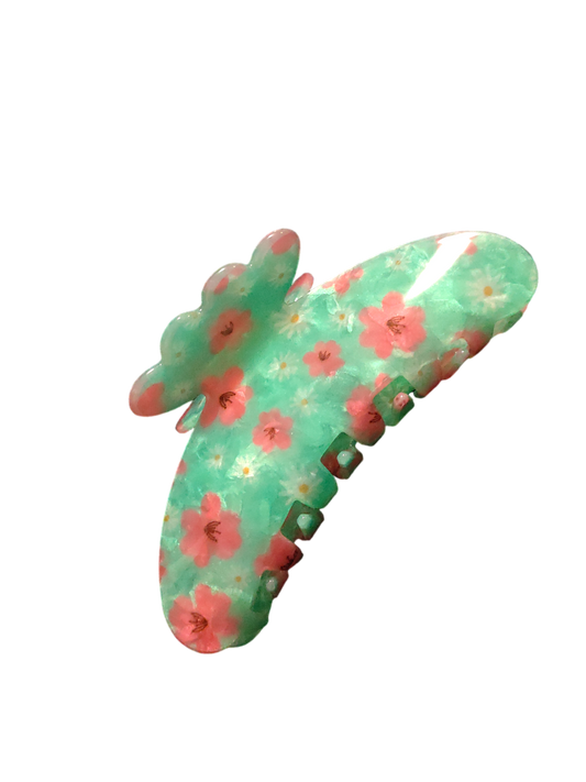 HAIR CLAW | Teal Green with Pink Flowers & Daisies | Medium