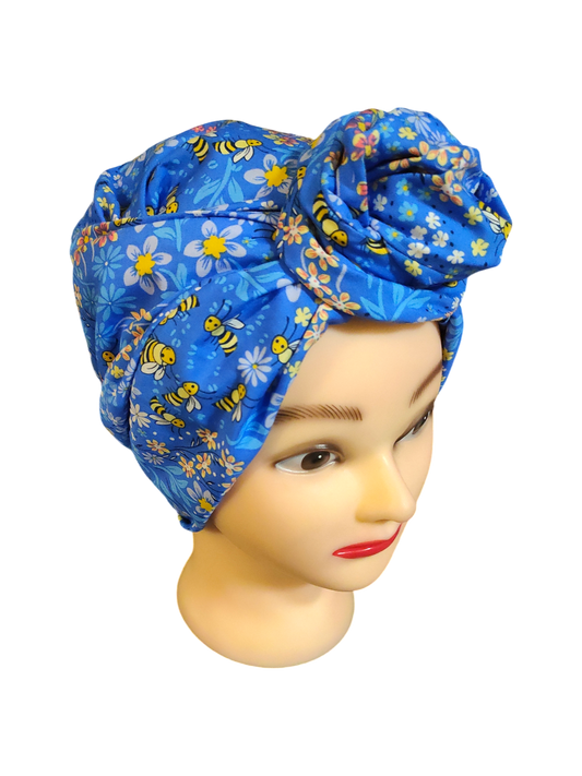 BETTY BOO WIRED TURBAN WRAP | Poplin Bees & Flowers | Blue