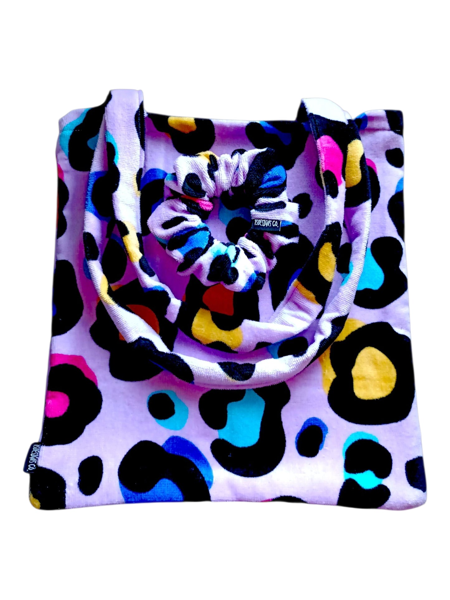 BEACH TOWEL BAG + MATCHY SCRUNCHIE TOWEL SET | Leopard | Pink