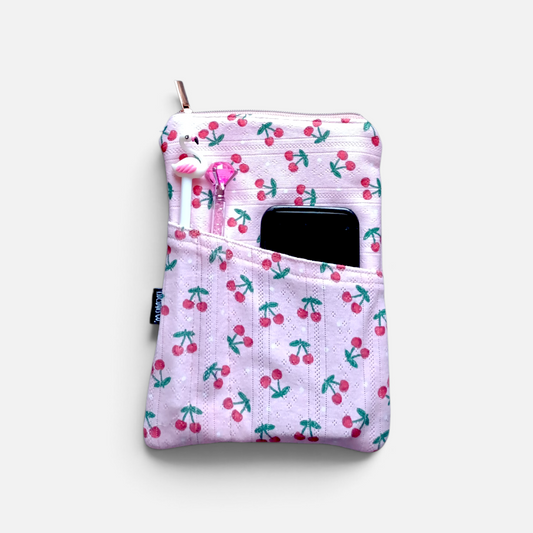 Book & Ebook Sleeve A5/A6 + 2-pen & Mobile Front Pockets | Cherries & Dots Pink
