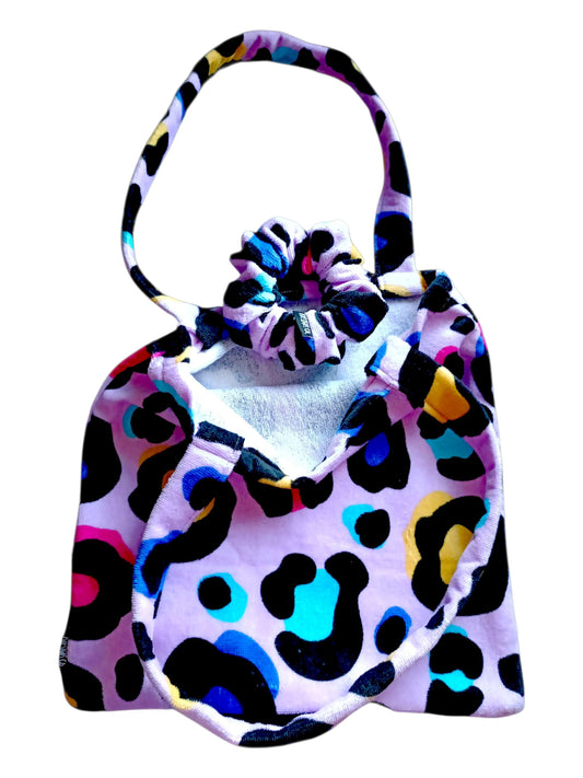 BEACH TOWEL BAG + MATCHY SCRUNCHIE TOWEL SET | Leopard | Pink