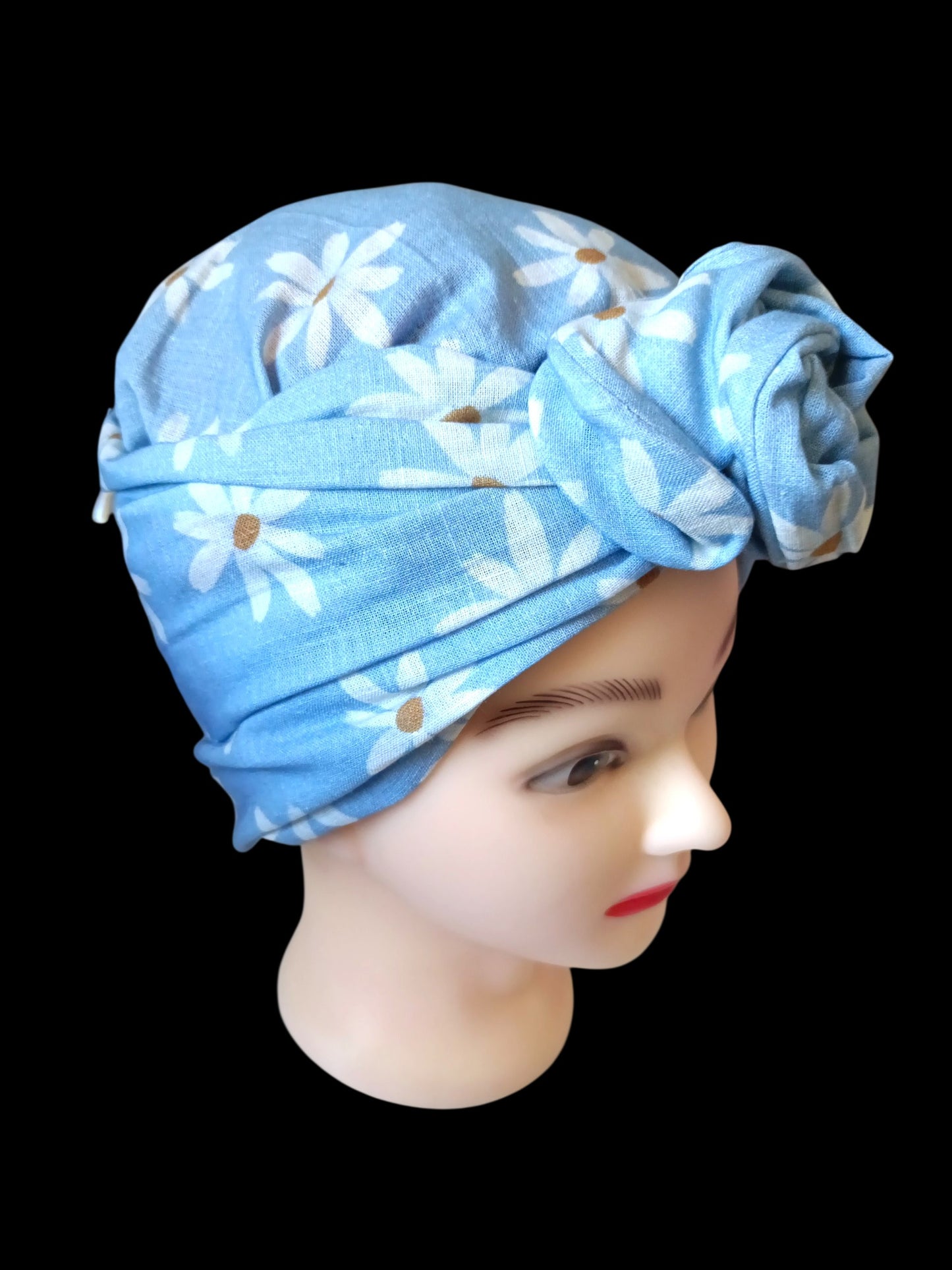 BETTY BOO WIRED TURBAN WRAP | Linen Daisy Flowers | Light Blue
