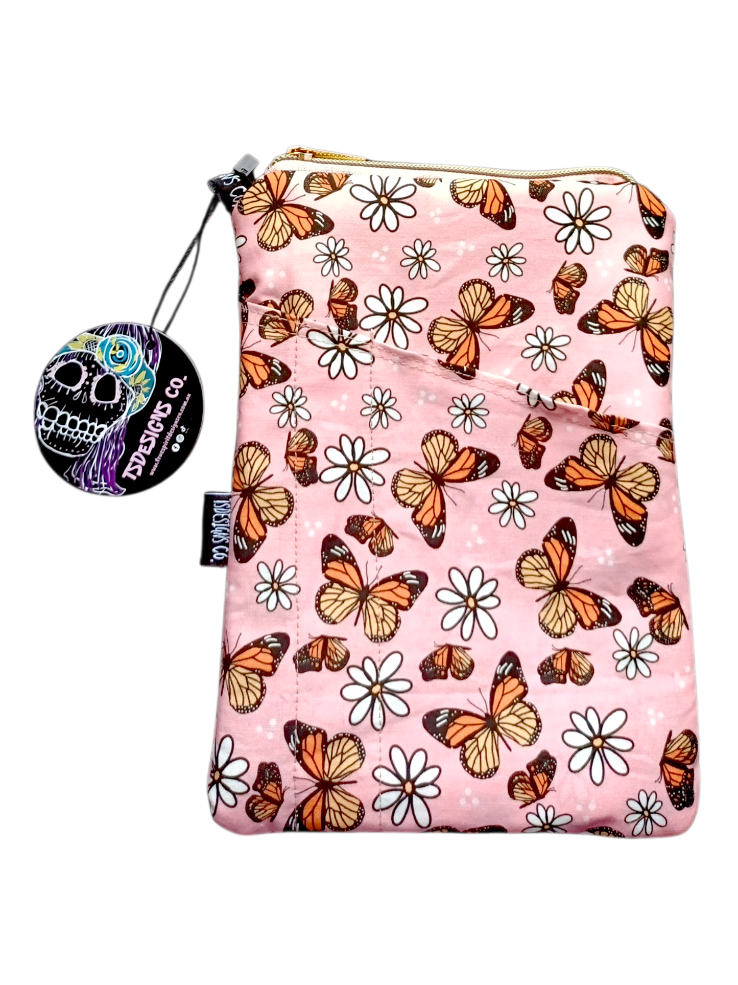 Book & Ebook Sleeve A5/A6 + 2-pen & Mobile Front Pockets | Monarch Butterflies Pink