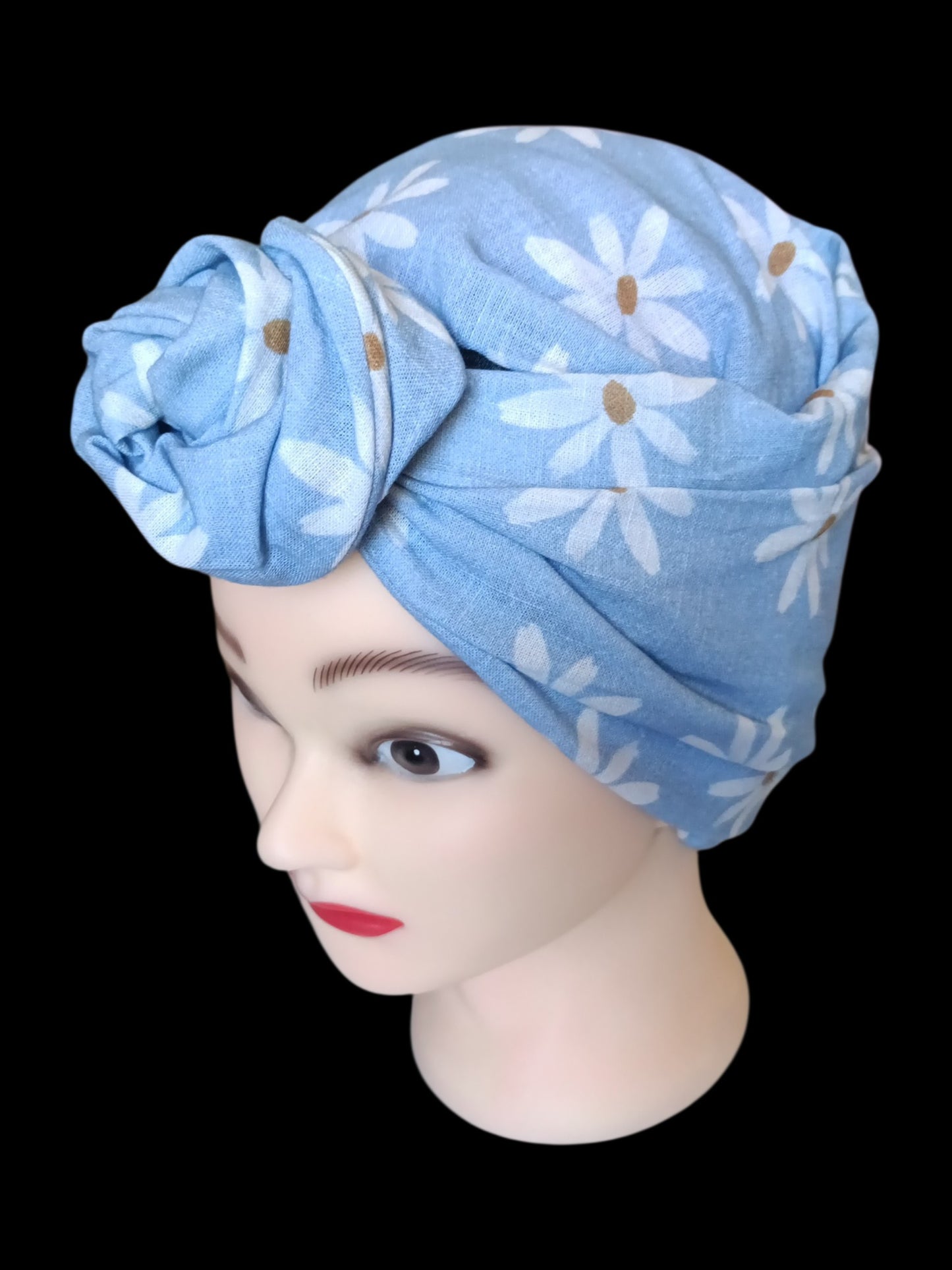 BETTY BOO WIRED TURBAN WRAP | Linen Daisy Flowers | Light Blue