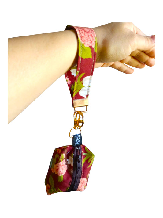 KEY WRISTLET + MINI COIN BAG | Vintage Floral | Maroon