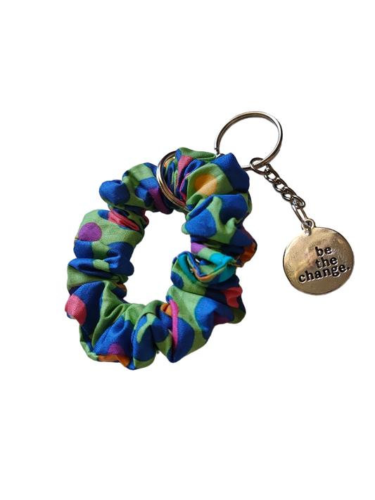 KEY CHARM Scrunchie Green with Rainbow Leopard Print